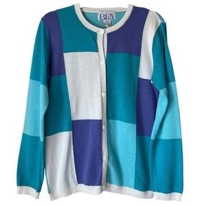 T8 90s VTG BFA Classics Teal Purple Colorblock Patchwork Cotton Cardigan Sweater